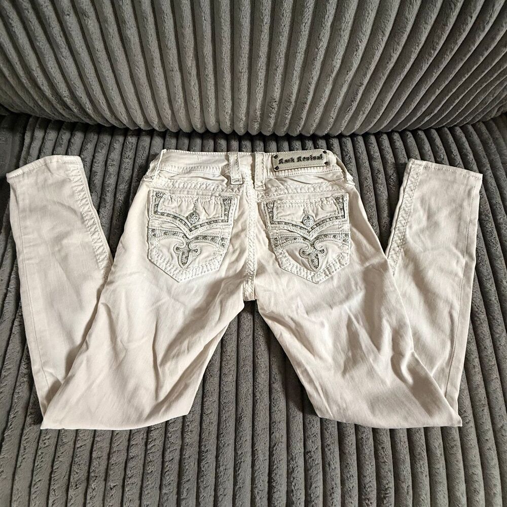 Rock Revival Skinny Jeans Embellished Fleur De Lis Pockets Cream Womenโs 27x28